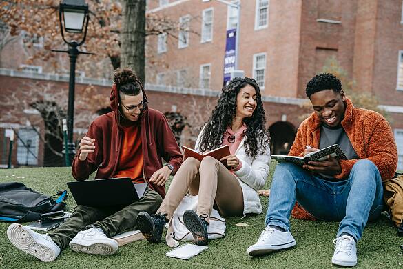 Drei Studierende, die auf dem Rasen sitzen und in ihre Bücher schauen.