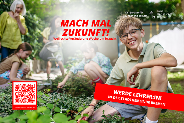 Senatorin Aulepp steht mit einem Schirm an dem #Moin-Schild in den Wallanlagen. Auf dem Foto wird für Lehrkräfte geworben. 