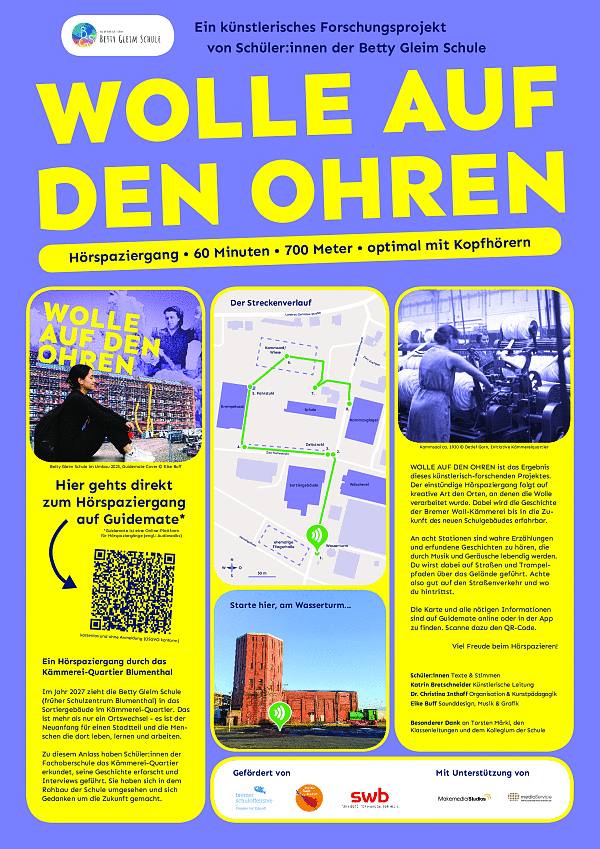 Hinweisplakat zum Hörspaziergang Wolle auf den Ohren