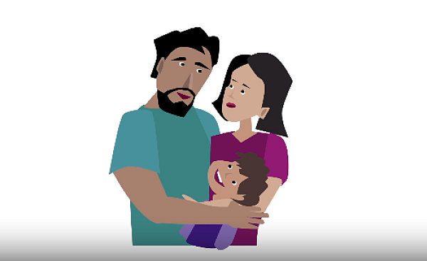 Eine Grafik einer Familie, die zusammensteht und sich umarmt 